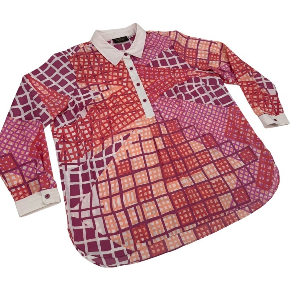 BOB MACKIE 1X Blouse Pink Orange Geometric Wearable Art Tunic Top Patchwork - Picture 12 of 12